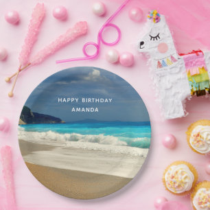 Turquoise Blue Sea Beach Photo Happy Birthday Paper Plate
