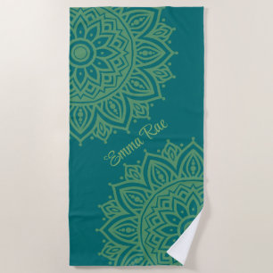 Turquoise Blue & Sea Green Mandala Flower Beach Towel