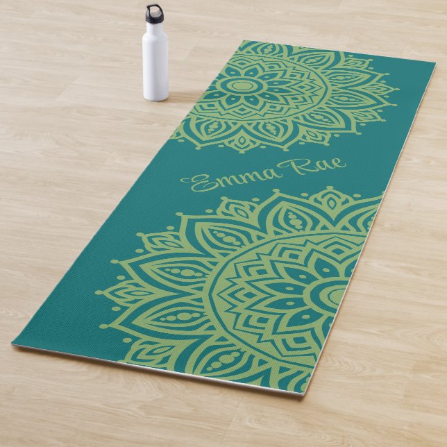 Turquoise Blue & Sea Green Mandala Flower Yoga Mat (In Situ)
