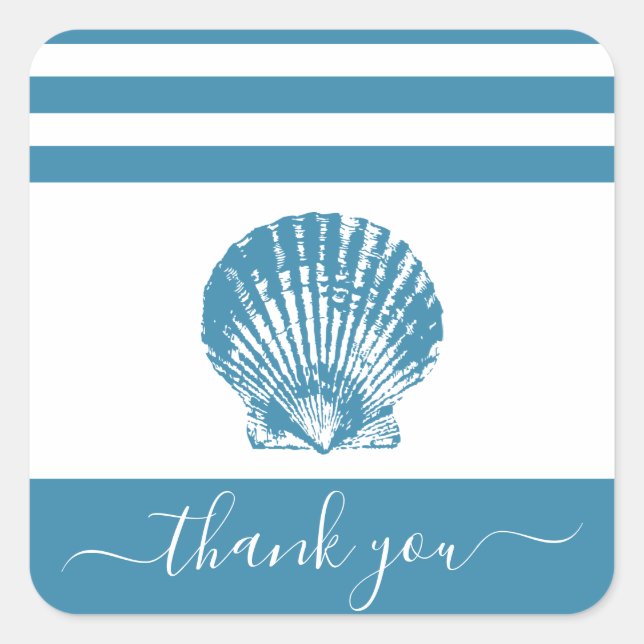 Turquoise blue seashell beach thank you script square sticker (Front)