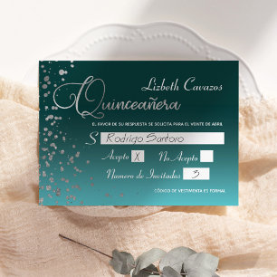 Turquoise Blue Silver Confetti Quinceanera RSVP Invitation