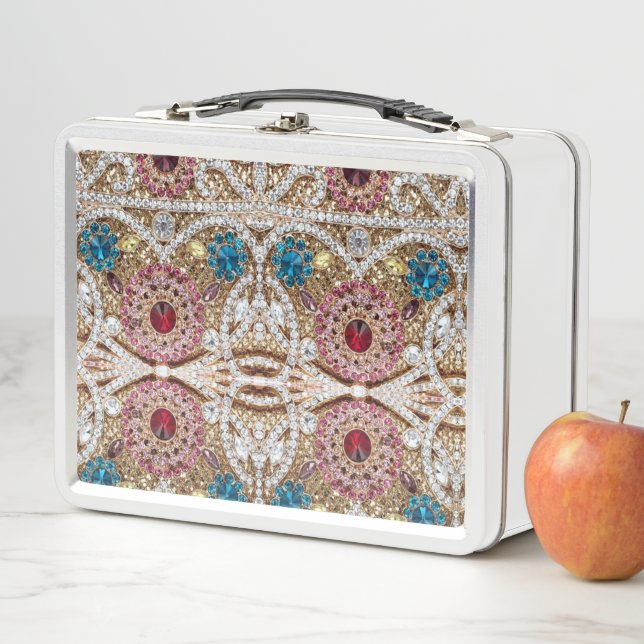 turquoise blue silver gold burgundy pink bohemian metal lunch box (In Situ)