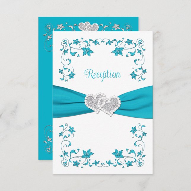Turquoise Blue, Silver Love Hearts Reception Card (Front/Back)