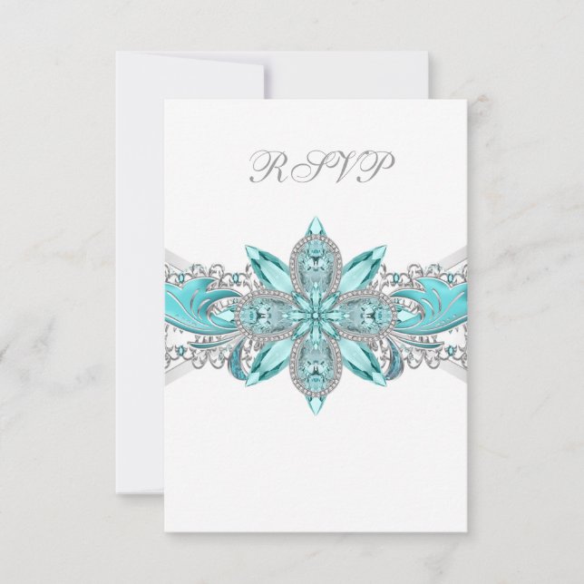 Turquoise Blue Silver Quinceanera RSVP Card (Front)