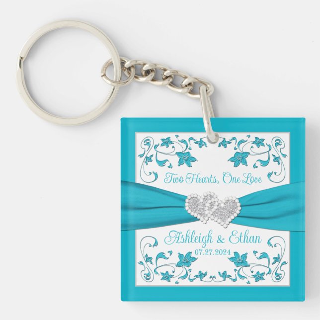 Turquoise Blue, Silver Two Hearts, One Love Key Ring (Front)