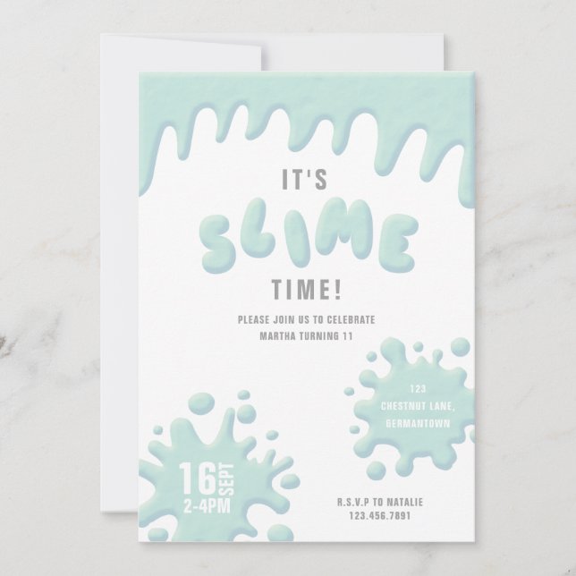 Turquoise blue slime party invitation (Front)