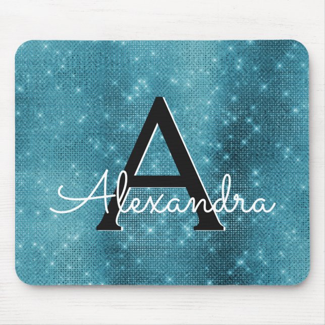 Turquoise Blue Sparkle Girly Monogram Name Mouse Pad (Front)