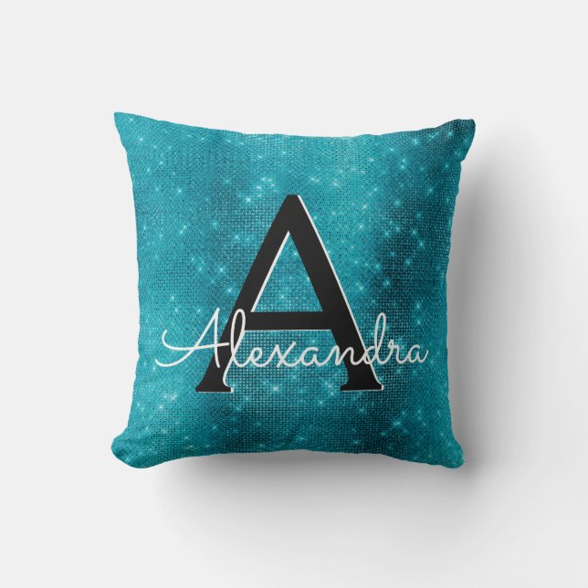 Turquoise Blue Sparkle Monogram Name & Initial Cushion (Front)