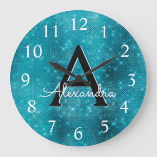 Turquoise Blue Sparkle Monogram Name & Initial Large Clock