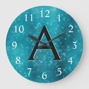 Turquoise Blue Sparkle Monogram Name & Initial Large Clock