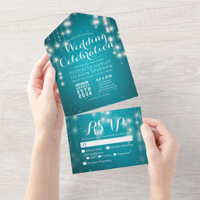Turquoise Blue Sparkle String Lights Wedding RSVP All In One Invitation (Tearaway)