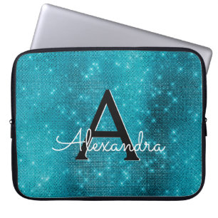 Turquoise Blue Sparkling Stars Monogram Laptop Sleeve