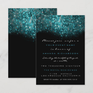 Turquoise Blue Sparkly Glitter Black White Officia Invitation