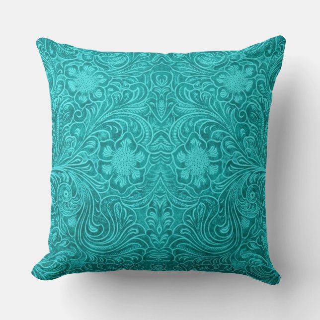 Turquoise Blue Suede Leather Look Floral Design Cushion (Front)