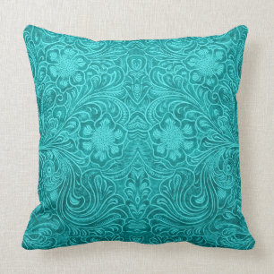 Turquoise Blue Suede Leather Look Floral Design Cushion