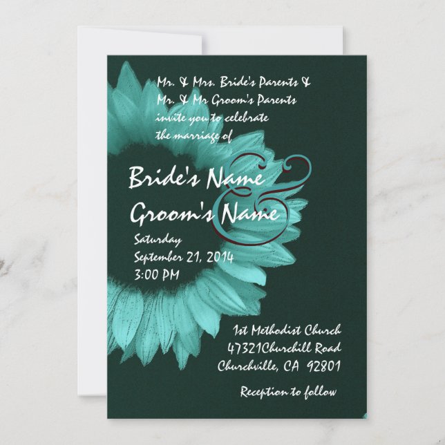 Turquoise Blue Sunflower Wedding Invitation (Front)
