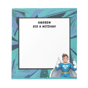 Turquoise Blue Superhero Personalised Mitzvah Notepad