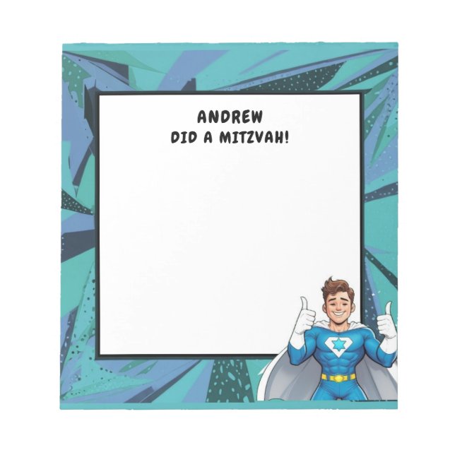 Turquoise Blue Superhero Personalised Mitzvah Notepad (Front)