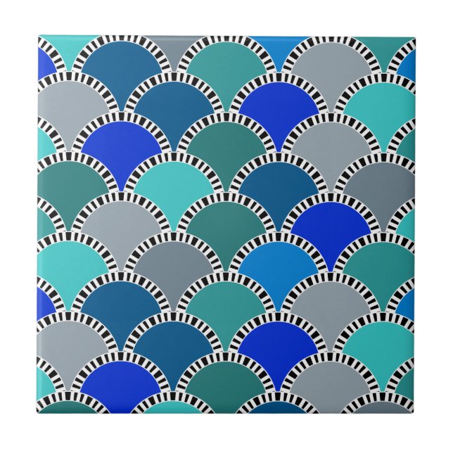 Turquoise Blue Teal Grey Scales Pattern Ceramic Tile (Front)