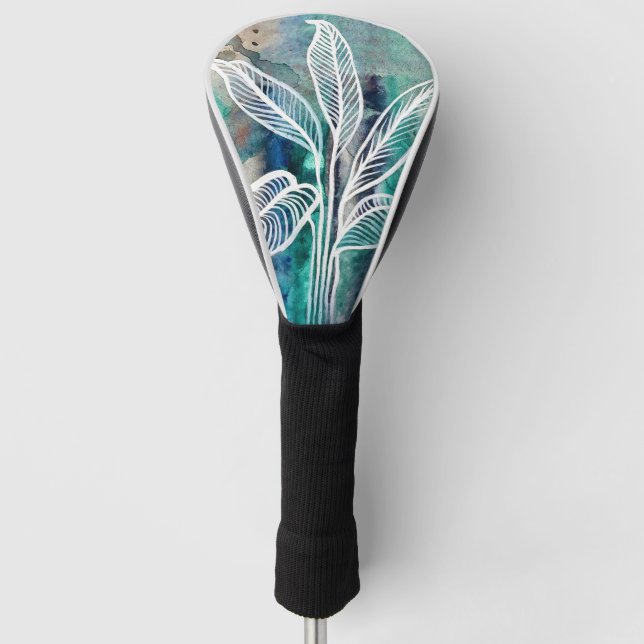  Turquoise Blue & Teal Modern Botanical Watercolor Golf Head Cover (Front)