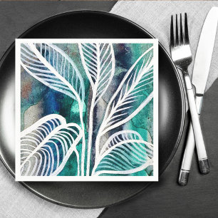  Turquoise Blue & Teal Modern Botanical Watercolor Napkin