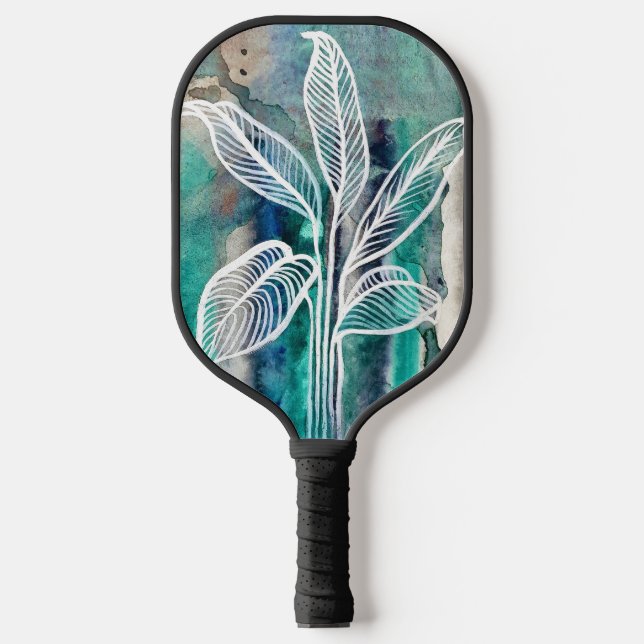  Turquoise Blue & Teal Modern Botanical Watercolor Pickleball Paddle (Front)