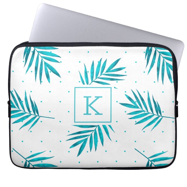 Turquoise-blue tropical leaves pattern laptop sleeve (Front)