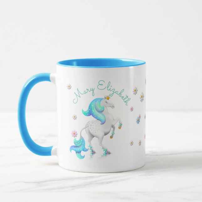 Turquoise Blue Unicorn Princess with Golden Crown Mug (Left)