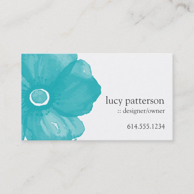 Turquoise Blue Watercolor Flower Business Cards (Front)