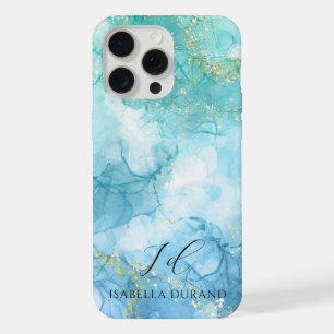 Turquoise Blue watercolor Ink Glitter Customisable iPhone 15 Pro Max Case