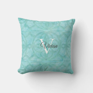 Turquoise Blue Watercolor Monogram Name Cushion