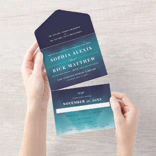 Turquoise Blue Waves Ombre Wedding All In One Invitation