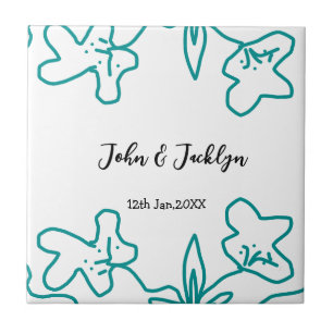 Turquoise blue wedding couple name date flstylish ceramic tile