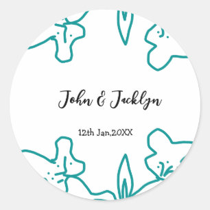 Turquoise blue wedding couple name date flstylish classic round sticker