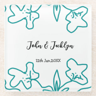 Turquoise blue wedding couple name date flstylish glass coaster