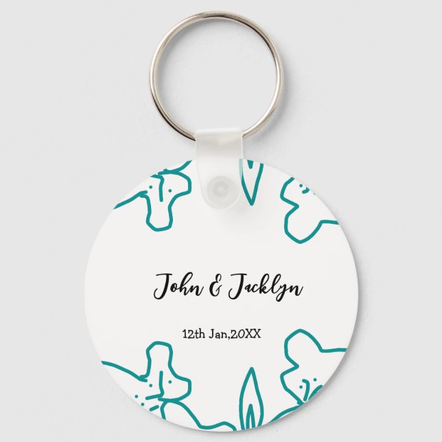 Turquoise blue wedding couple name date flstylish  key ring (Front)