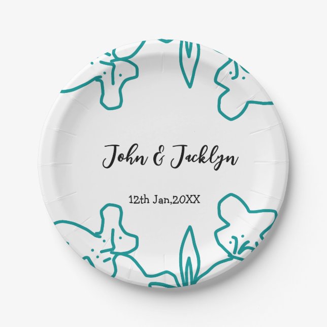 Turquoise blue wedding couple name date flstylish  paper plate (Front)