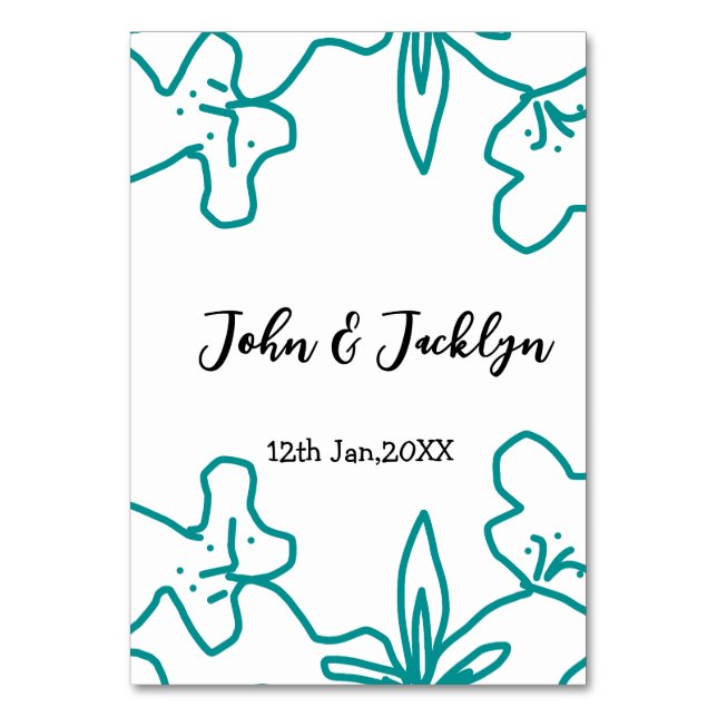 Turquoise blue wedding couple name date flstylish  table number (Front)