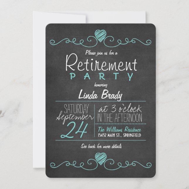 Turquoise Blue & White Chalkboard Retirement Party Invitation (Front)