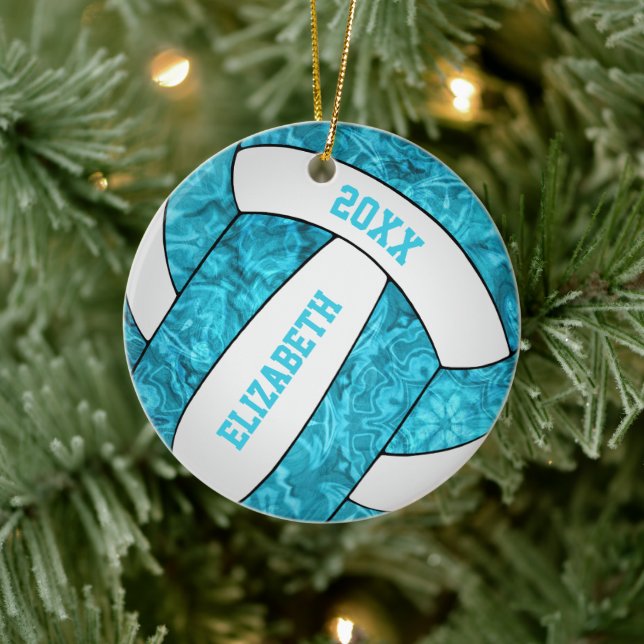 turquoise blue white girly volleyball ceramic ornament (Tree)