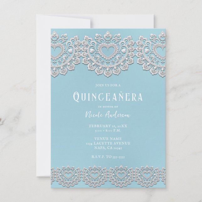 Turquoise Blue White Lace Heart Quinceañera Party Invitation (Front)