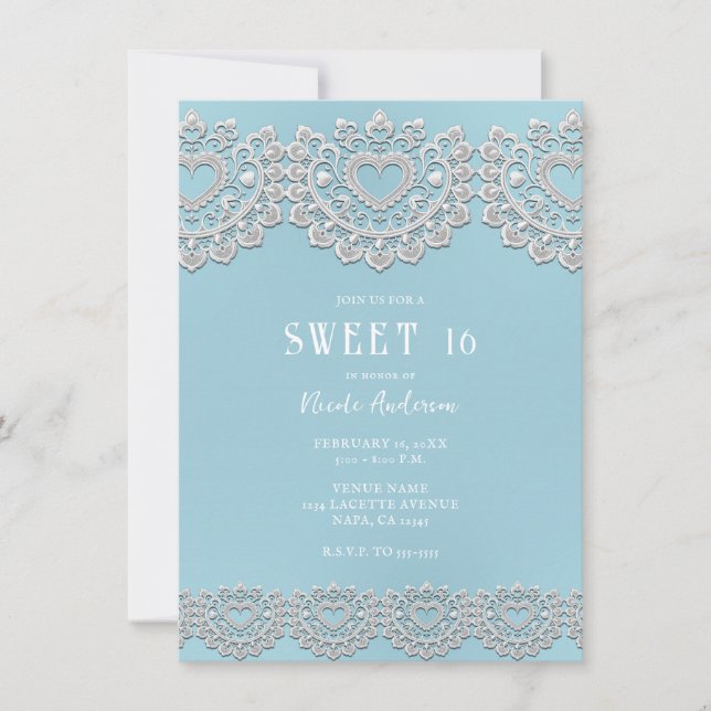 Turquoise Blue White Lace Heart Sweet 16 Invitation (Front)