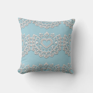 Turquoise Blue White Lace Heart Wedding Bridal Cushion