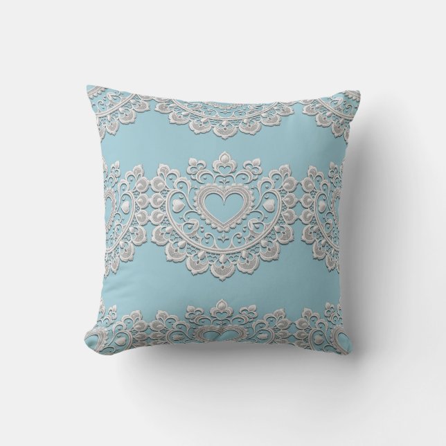 Turquoise Blue White Lace Heart Wedding Bridal Cushion (Front)