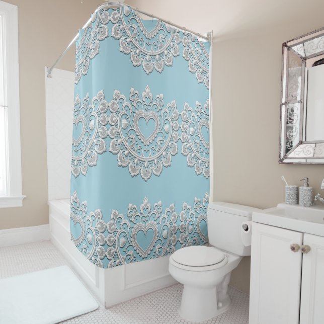 Turquoise Blue White Lace Heart Wedding Bridal Shower Curtain (In Situ)