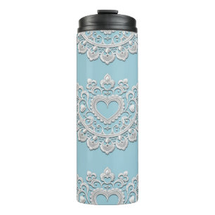 Turquoise Blue White Lace Heart Wedding Bridal Thermal Tumbler