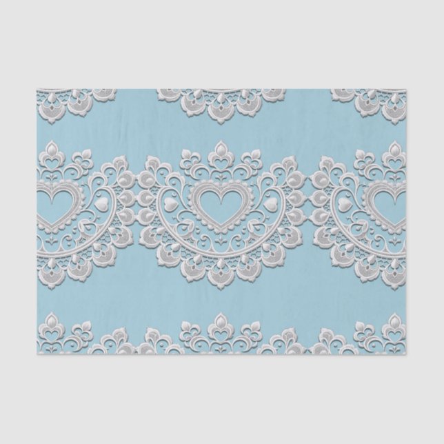 Turquoise Blue White Lace Heart Wedding Bridal Tissue Paper (Front)