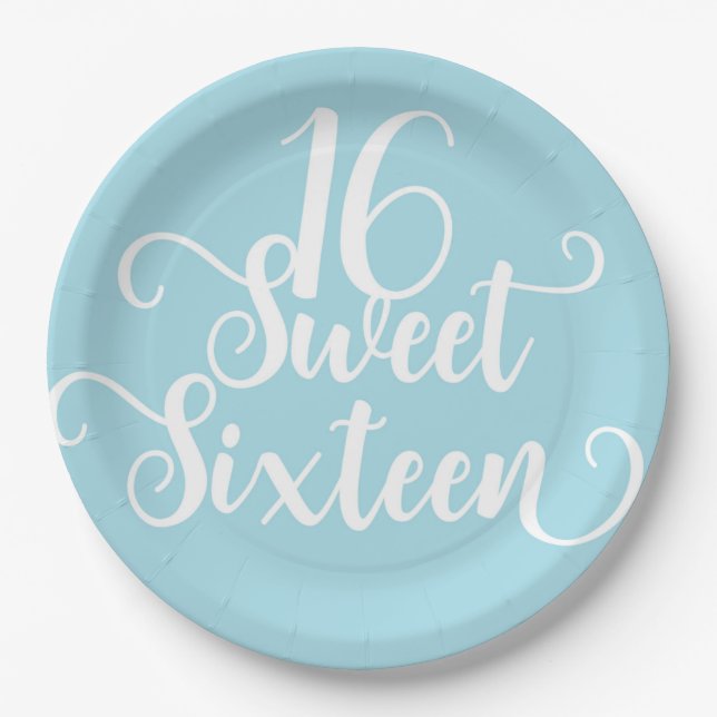 Turquoise Blue White Sweet 16 Birthday Party   Paper Plate (Front)