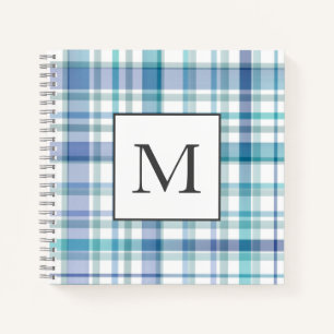 Turquoise Blue White Watercolor Plaid Notebook