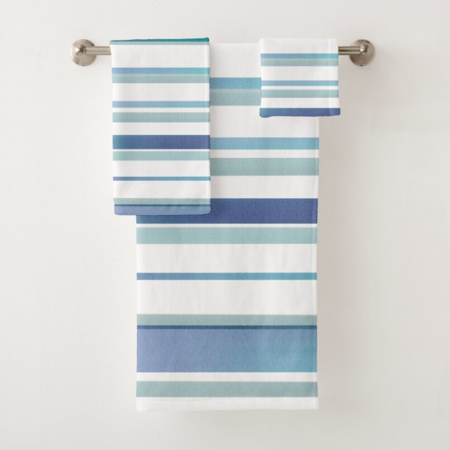 Turquoise Blue White Watercolor Stripes Bath Towel Set (Insitu)